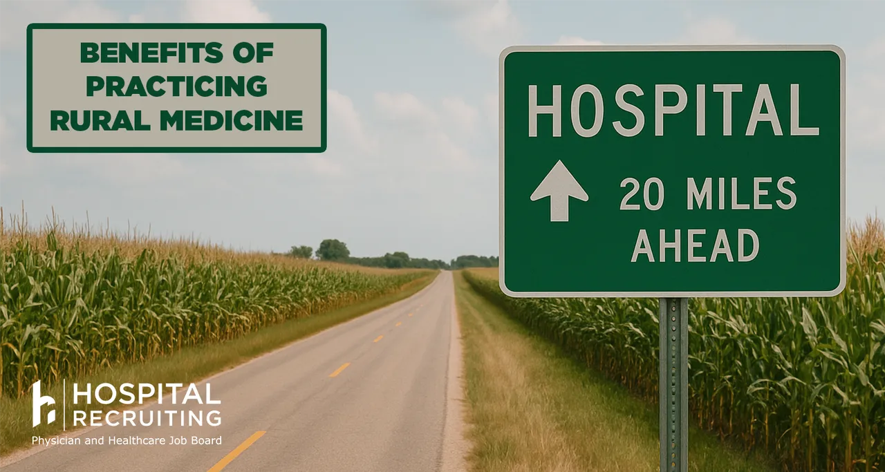 road sign in a field indicating hospital is 20 miles ahead, symbolizes rural medicine