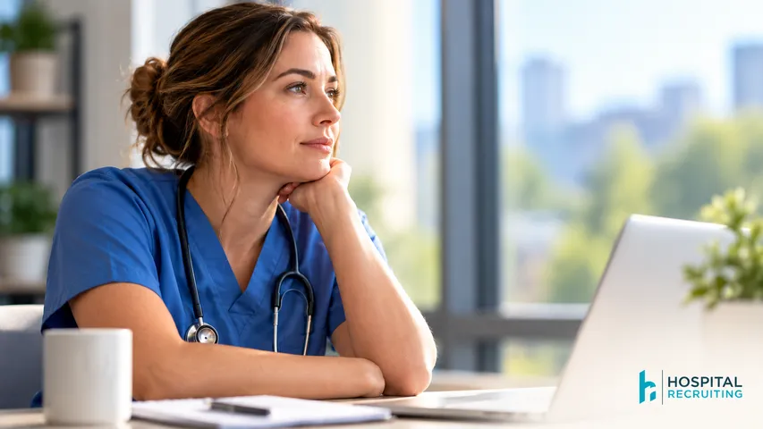Female nurse practitioner in blue scrubs looking thoughtfully out a window while considering her career.