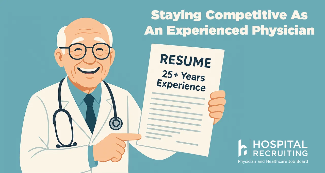 old man physician holding resume with 25 years of experience