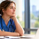 Healthcare professional in blue scrubs with a stethoscope looking thoughtfully out a window.