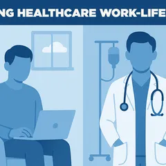 a doctor at home and a doctor at work, representing work life balance