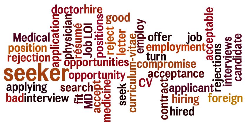 word cloud: job search, rejection, application, physician, medical doctor, employment, interview, application