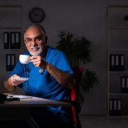 A night shift physician enjoying a coffee break